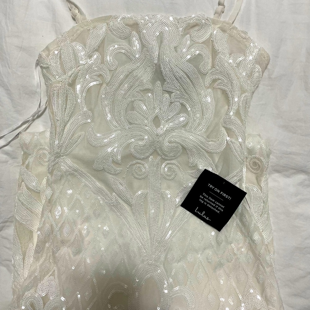 Lulus fitted sequin white midi dress.